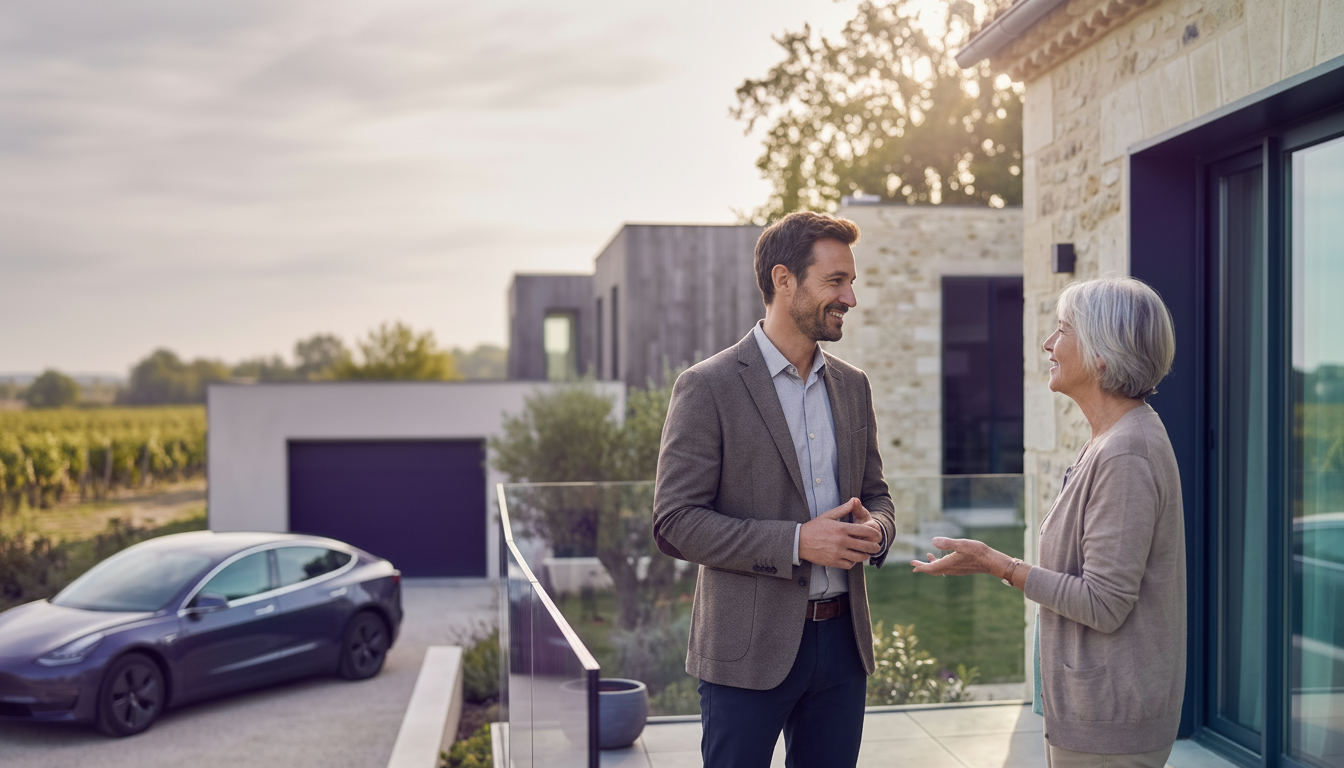 Conseiller immobilier souriant et détendu discutant avec un propriétaire devant une maison de banlie