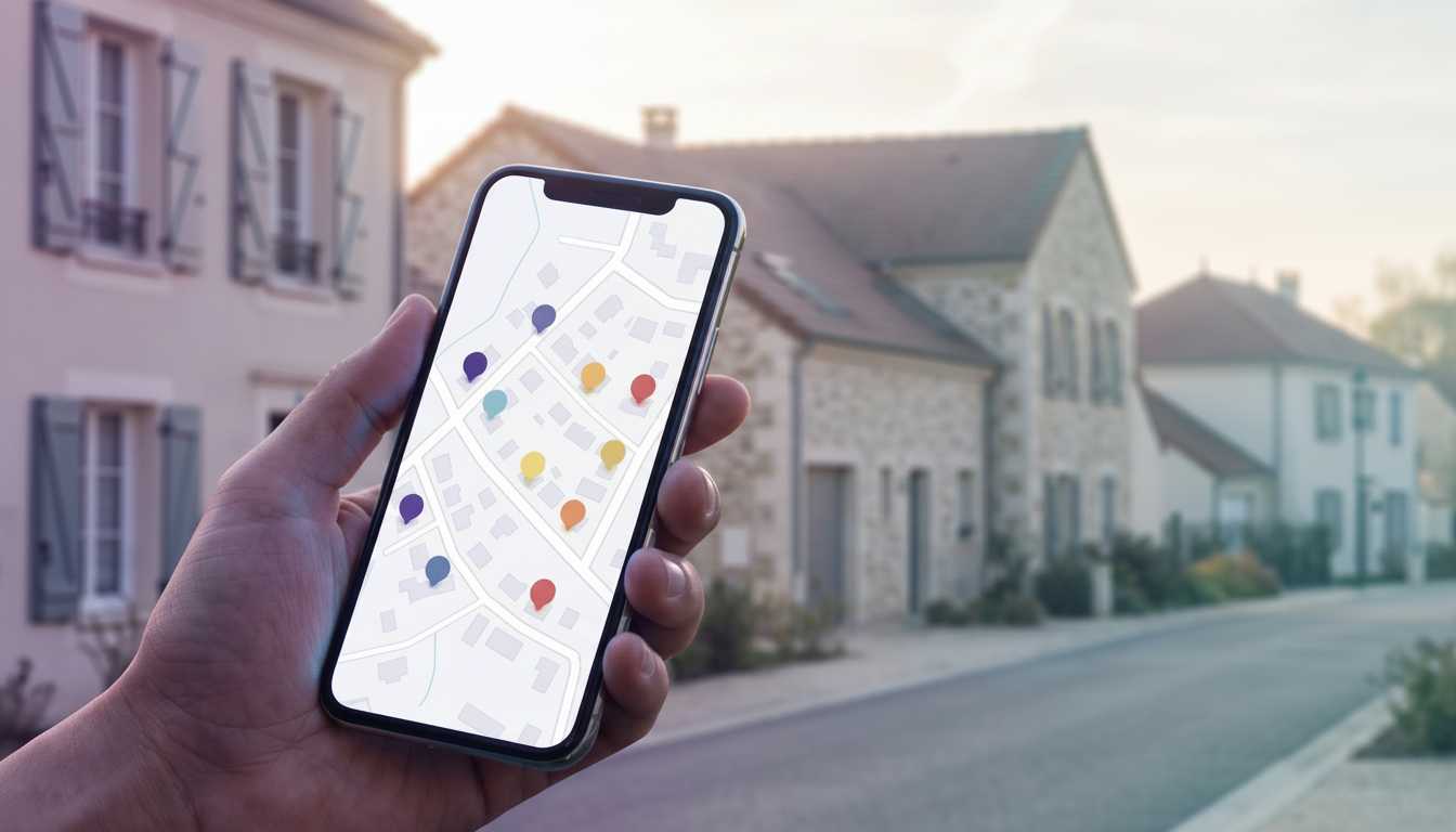 Interface d'une application sur smartphone tenue en main, affichant une carte avec des pastilles col