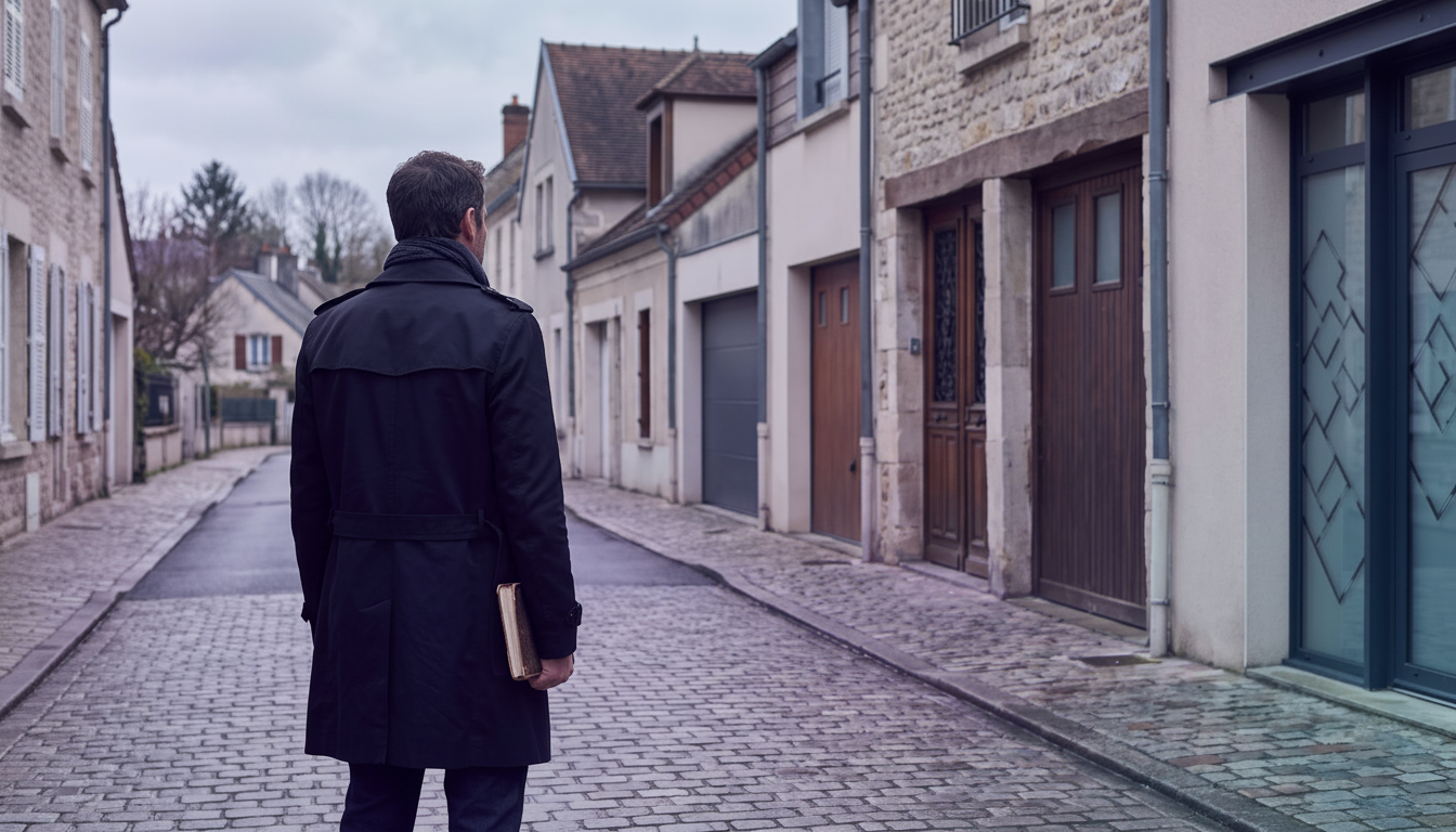 Conseiller immobilier de dos, marchant dans une rue pavillonnaire française sous un ciel gris, regar