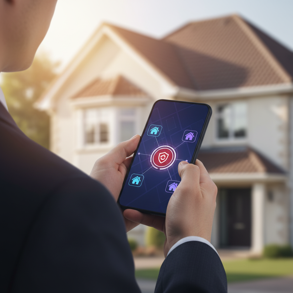 Plan rapproché sur les mains d'un conseiller immobilier tenant son smartphone, l'écran montre une ca