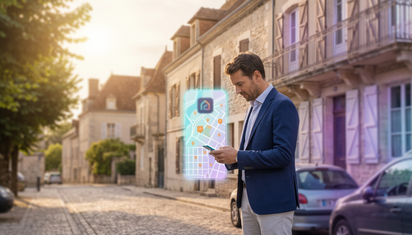 Conseiller immobilier professionnel en tenue de ville, se tenant sur le trottoir d'une rue pavillonn