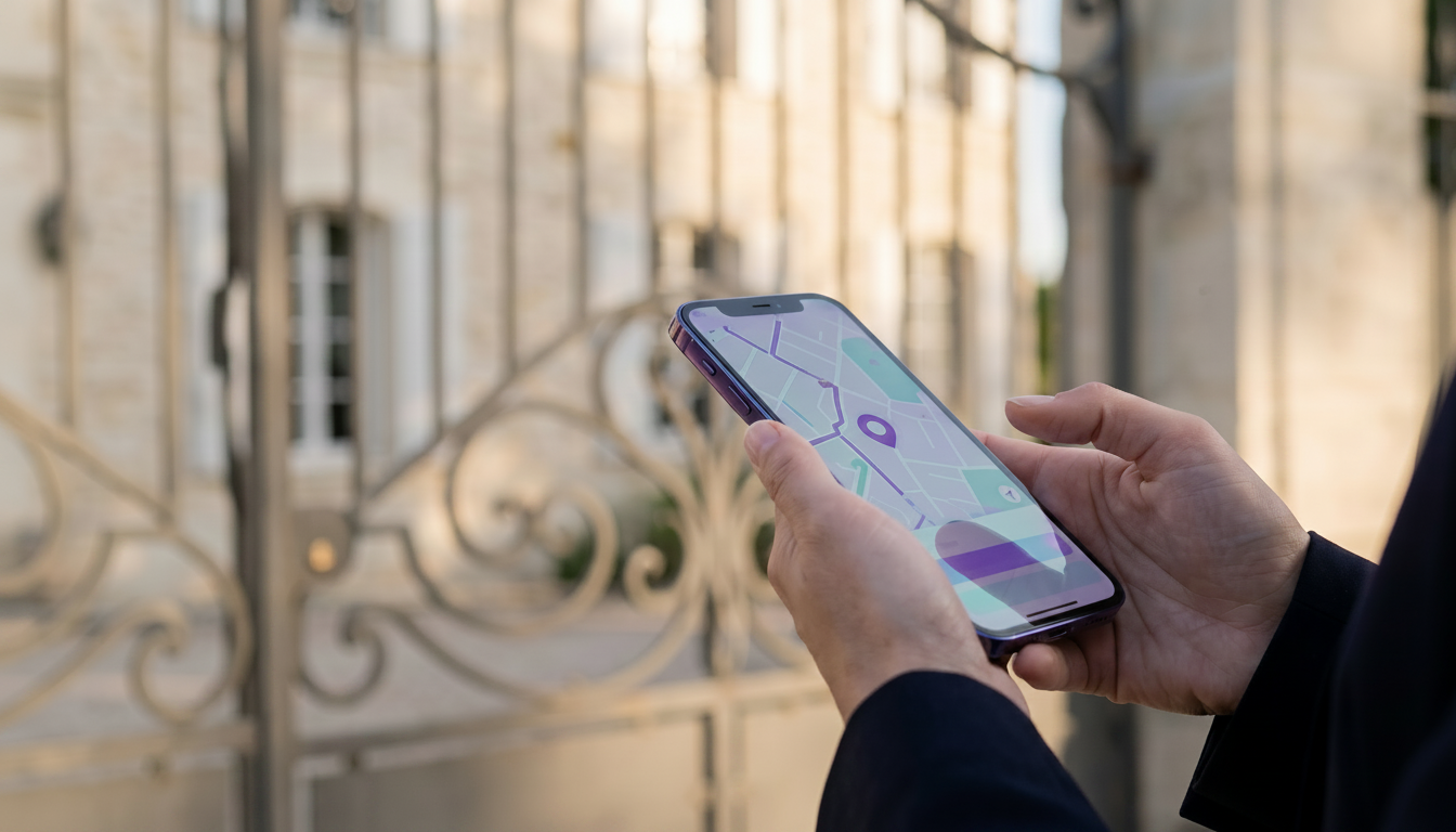 Vue en gros plan des mains d'un conseiller immobilier tenant un smartphone affichant l'application P