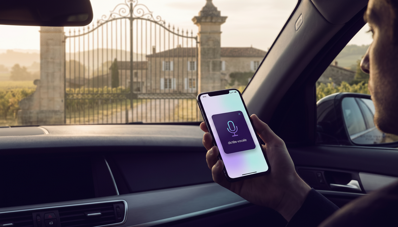Écran de smartphone tenu en main affichant l'application ProspeMap en mode hors-ligne avec la dictée