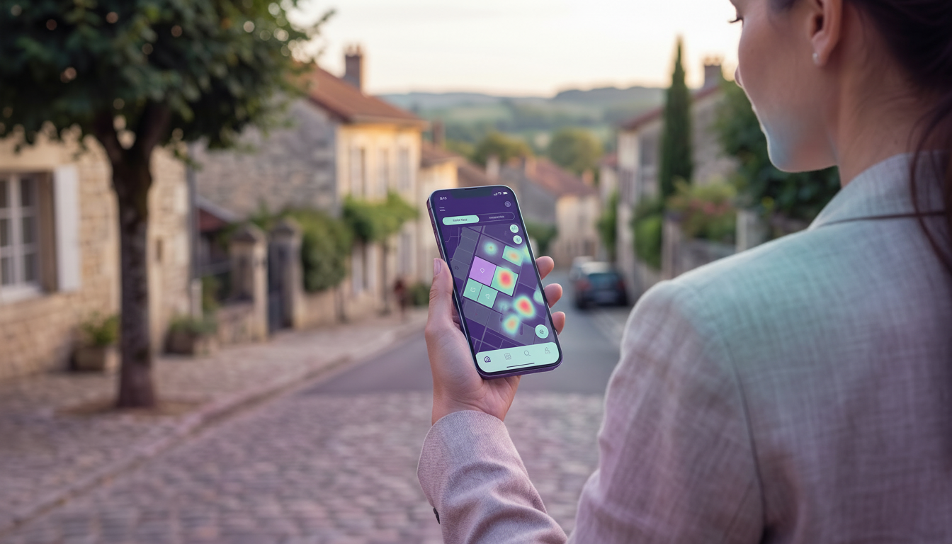 Vue par-dessus l'épaule d'une conseillère immobilière en tenue professionnelle décontractée, tenant 