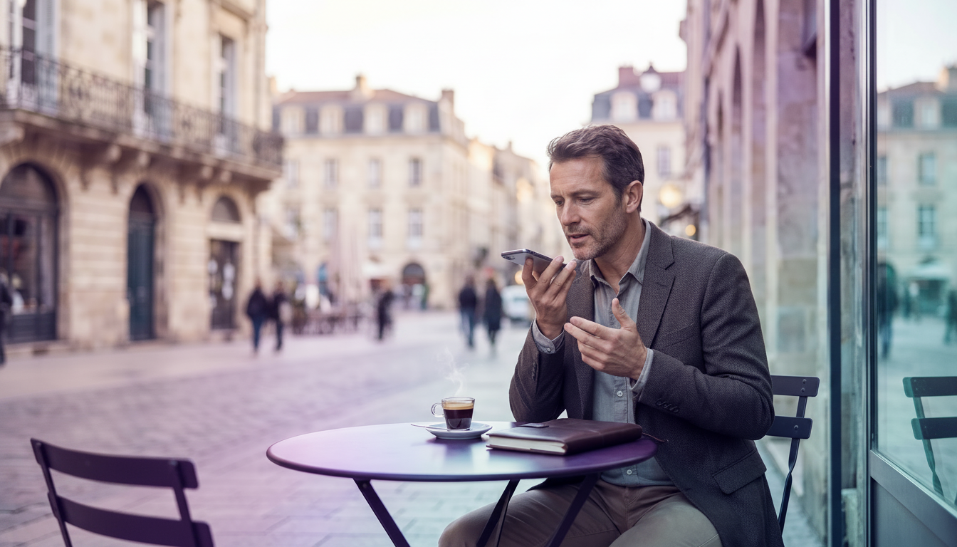 Professionnel de l'immobilier indépendant assis à la terrasse d'un café de quartier typiquement fran