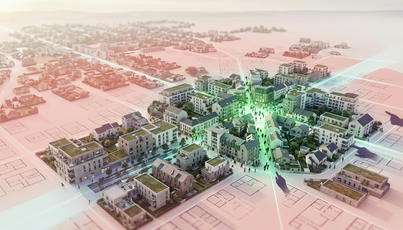 Un plan de ville vue de dessus, avec une zone très large et diffuse en rouge pâle montrant une dispe