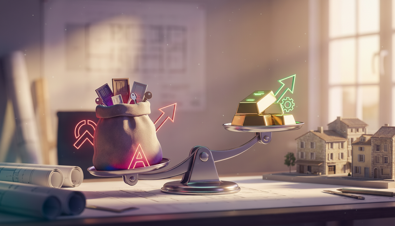 Infographie simplifiée montrant une balance. D'un côté un grand sac étiqueté 3000 portes qui pench