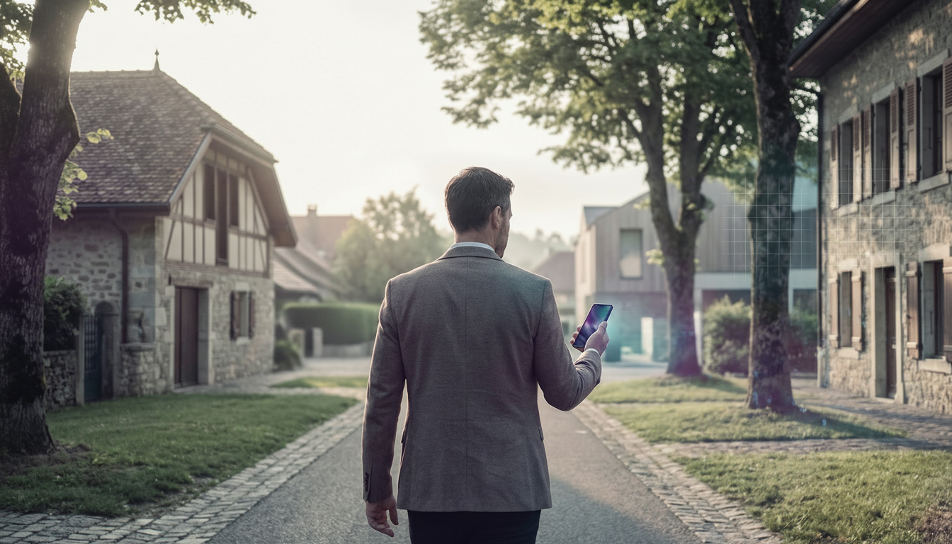 Conseiller immobilier de dos marchant avec détermination dans une rue pavillonnaire française verdoy