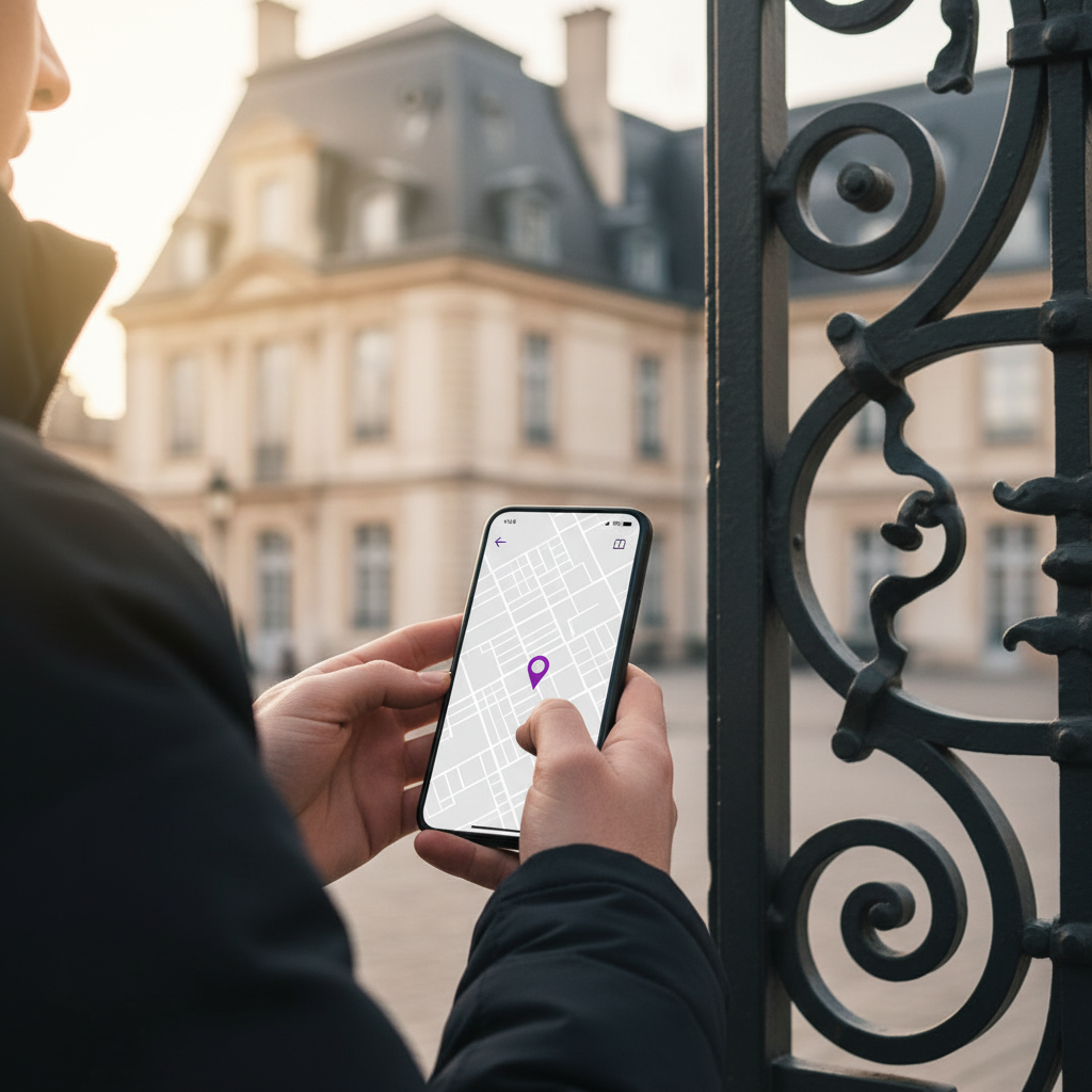 Plan rapproché sur les mains d'une conseillère immobilière utilisant l'application ProspeMap sur son