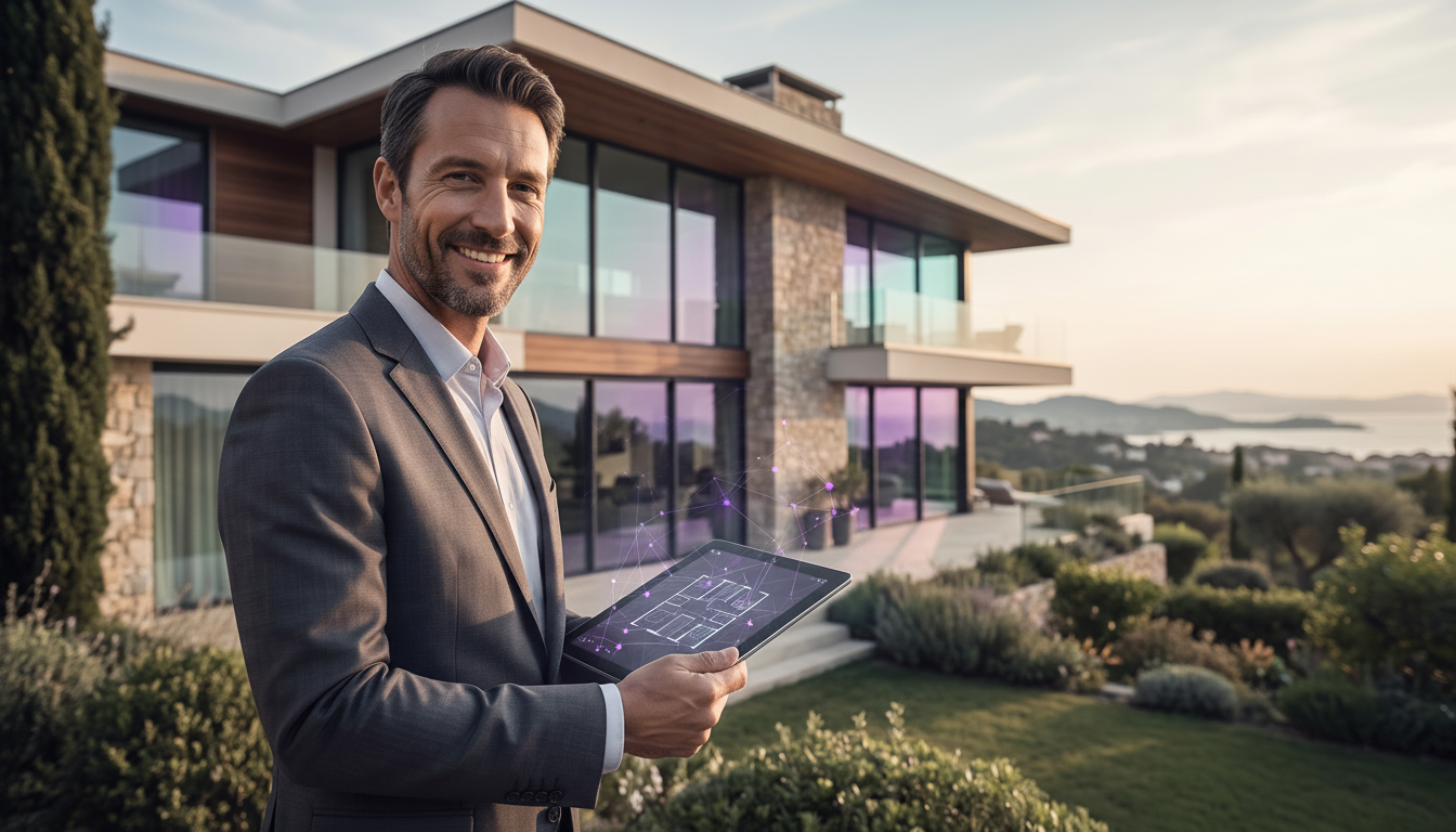 Conseiller immobilier souriant en tenue professionnelle, consultant une carte interactive sur sa tab