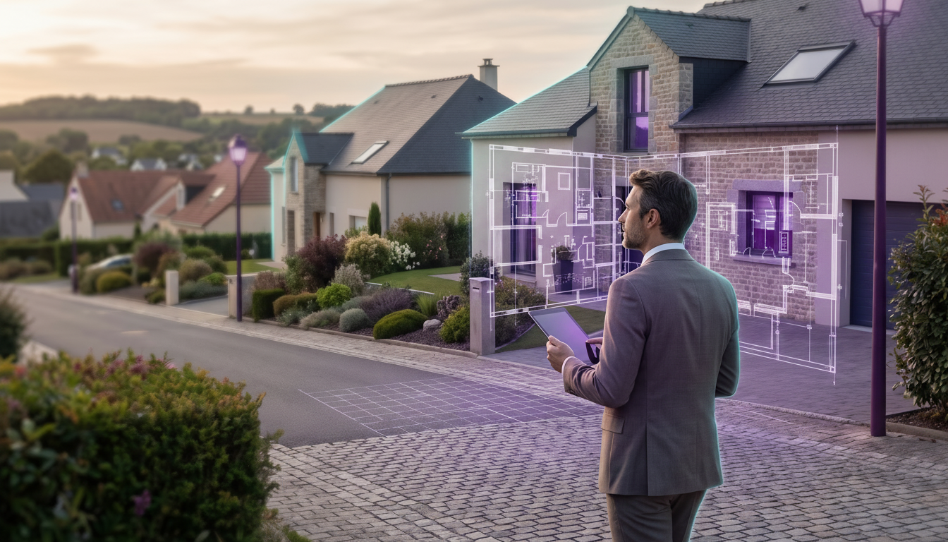 Vue en plongée d'un quartier résidentiel français avec des maisons individuelles et des jardins soig