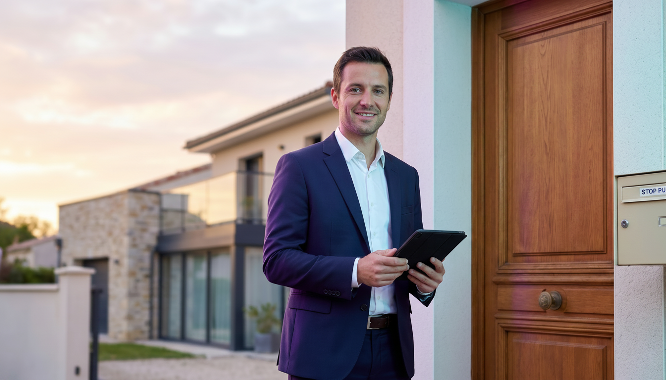 Un conseiller immobilier souriant en tenue professionnelle devant une porte d'entrée en bois avec un
