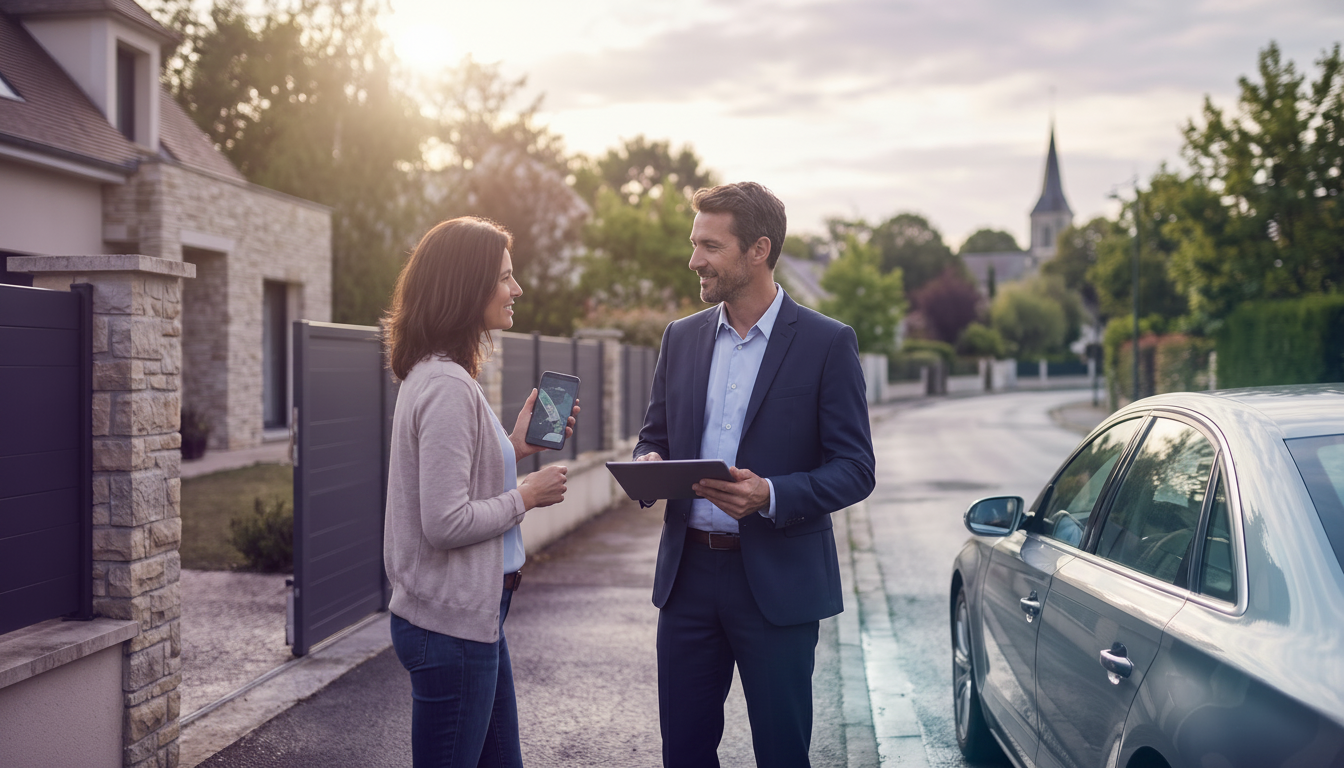 Conseiller immobilier sur le terrain discutant de manière détendue avec un propriétaire devant le po