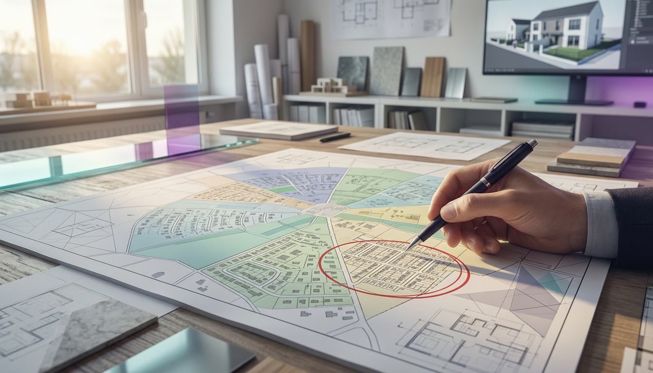 Carte d'une ville française vue de dessus avec un zonage coloré délimitant des quartiers résidentiel