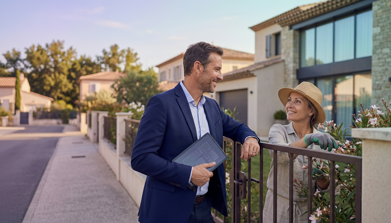 Conseiller immobilier souriant, debout dans une rue résidentielle ensoleillée, discutant de manière 