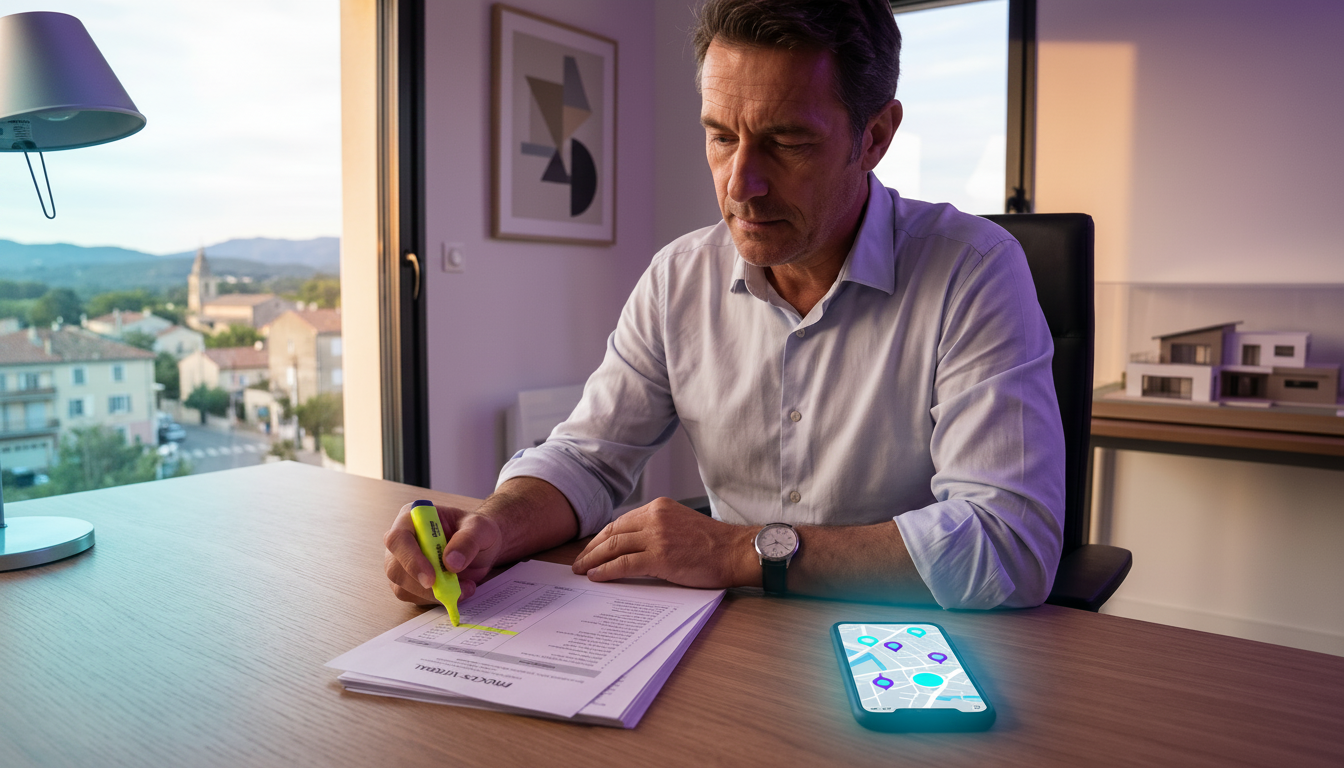 Conseiller immobilier concentré à son bureau, surlignant les montants d'appels de fonds sur un procè