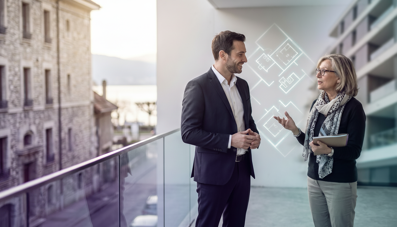 Conseiller immobilier souriant en tenue professionnelle, discutant de manière détendue sur le palier