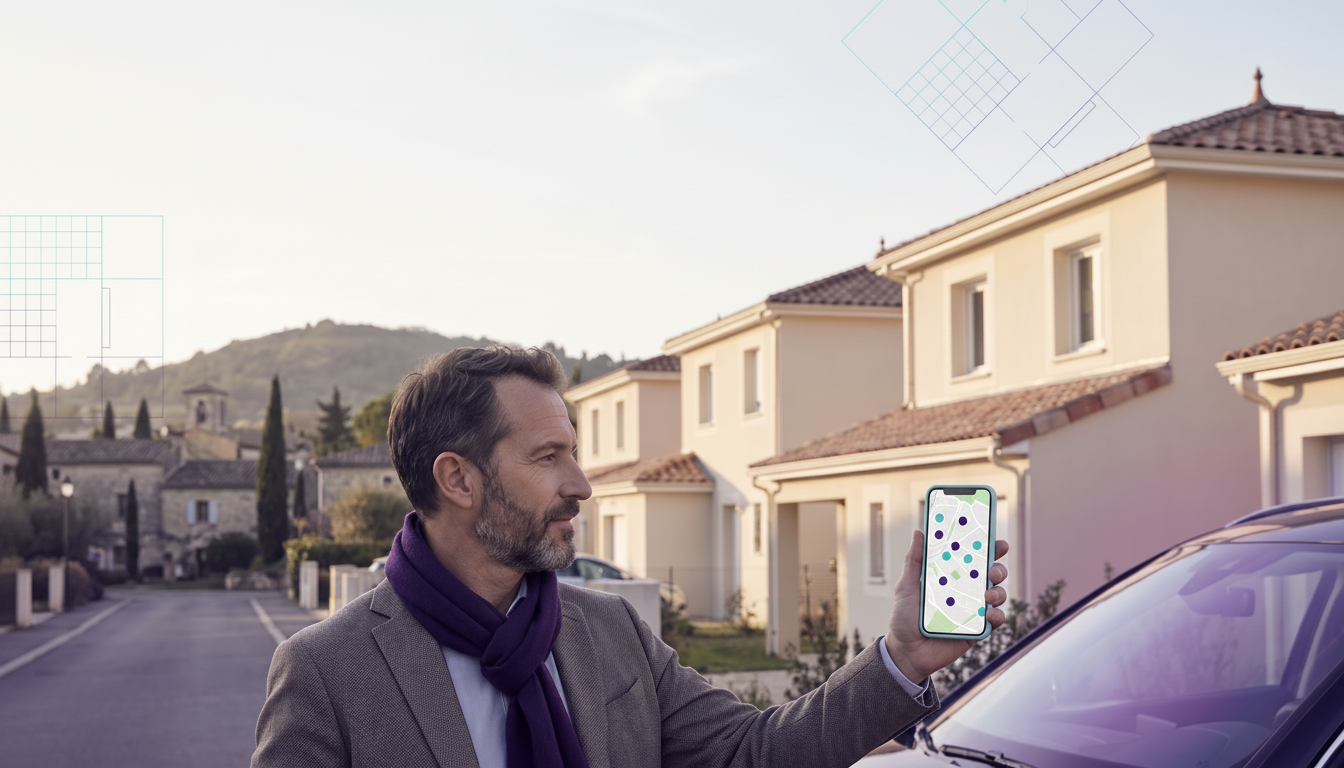 Conseiller immobilier sur le terrain, tenant un smartphone affichant une carte interactive avec des 