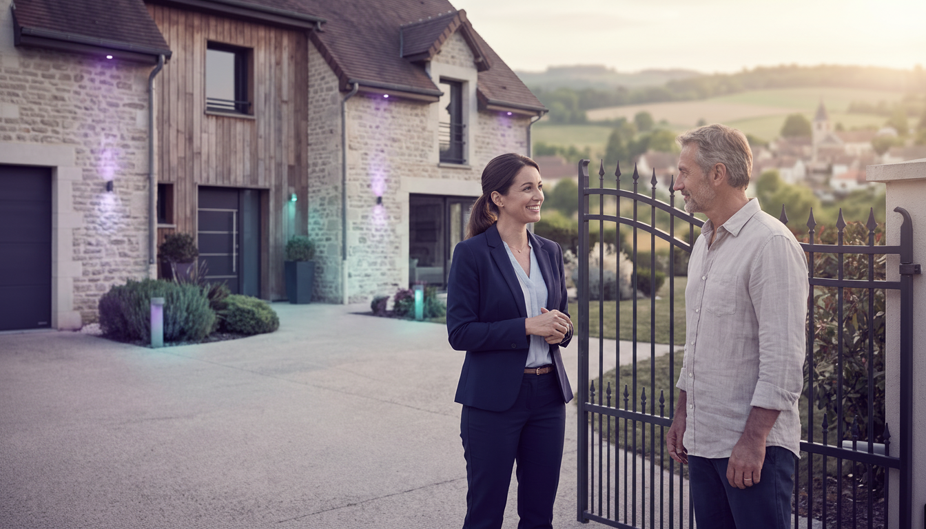 Professionnel de l'immobilier souriant, en tenue décontractée chic, discutant au portail d'une maiso