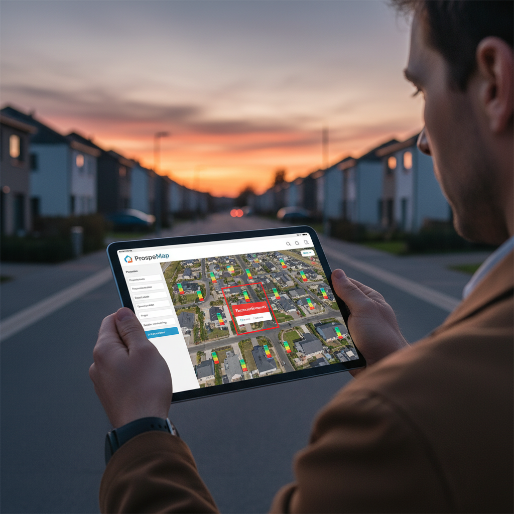 Vue d'une tablette affichant la carte interactive ProspeMap d'un quartier pavillonnaire français. De