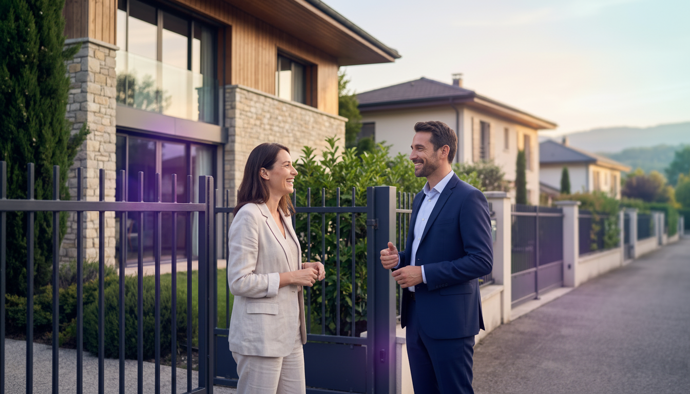 Un conseiller immobilier en tenue professionnelle discutant chaleureusement avec un propriétaire dev