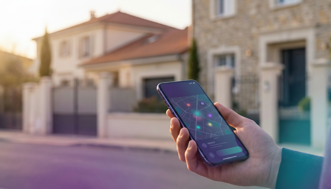 Gros plan sur une main tenant un smartphone affichant l'interface cartographique de ProspeMap avec d