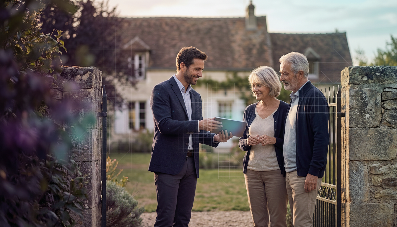 Plan moyen d'un conseiller immobilier masculin discutant de manière détendue avec un couple de propr