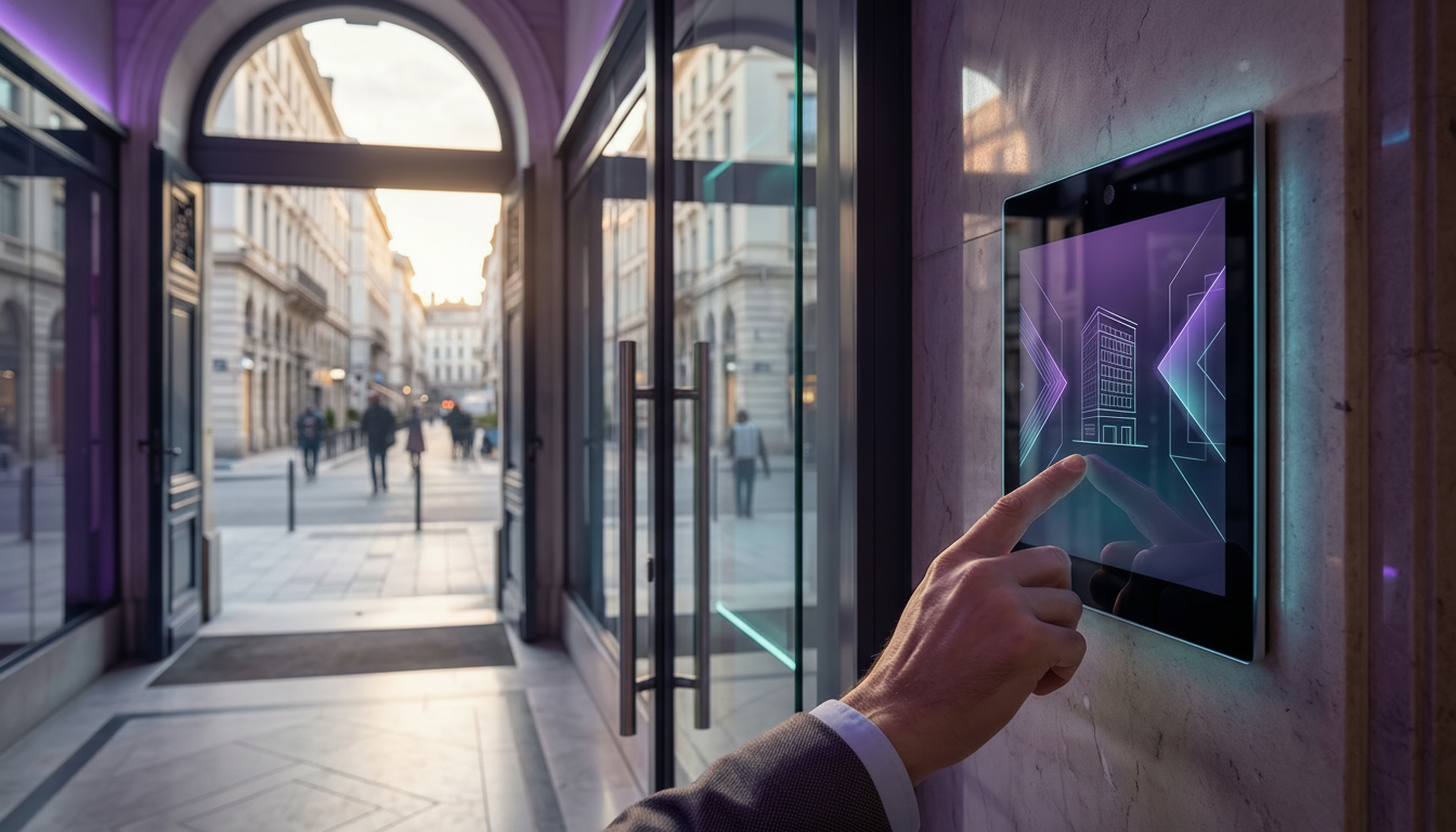 Hall d'entrée d'un immeuble haussmannien moderne à Lyon, vue subjective d'un conseiller immobilier d