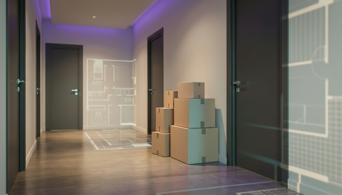 Couloir d'immeuble résidentiel moderne avec portes fermées, focus sur un détail : des cartons de dém