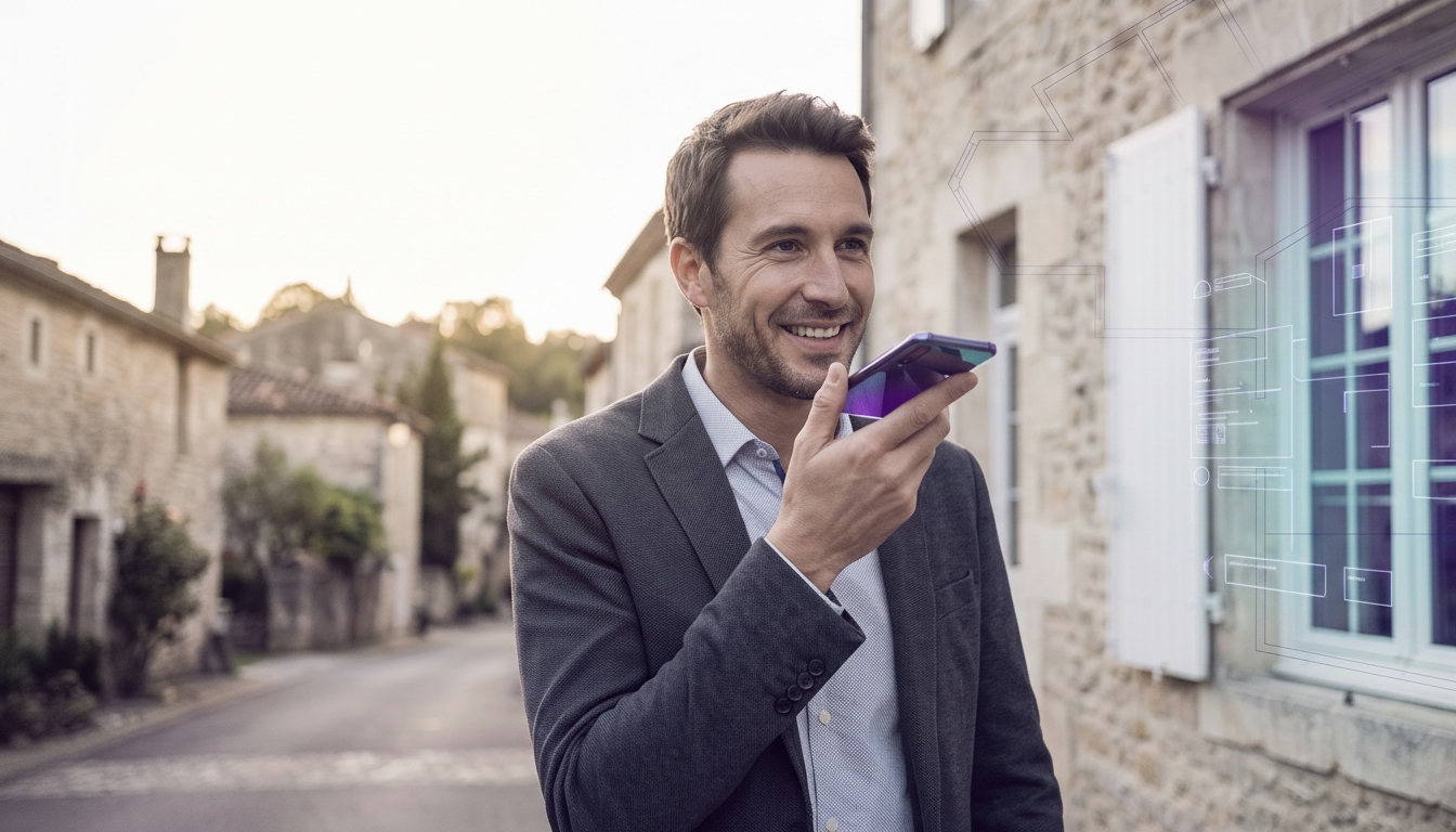 Conseiller immobilier souriant sur le terrain, enregistrant une note vocale sur son smartphone devan