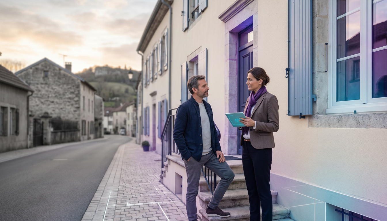 Conseiller immobilier discutant calmement avec un propriétaire sur le pas de sa porte, posture d'éco
