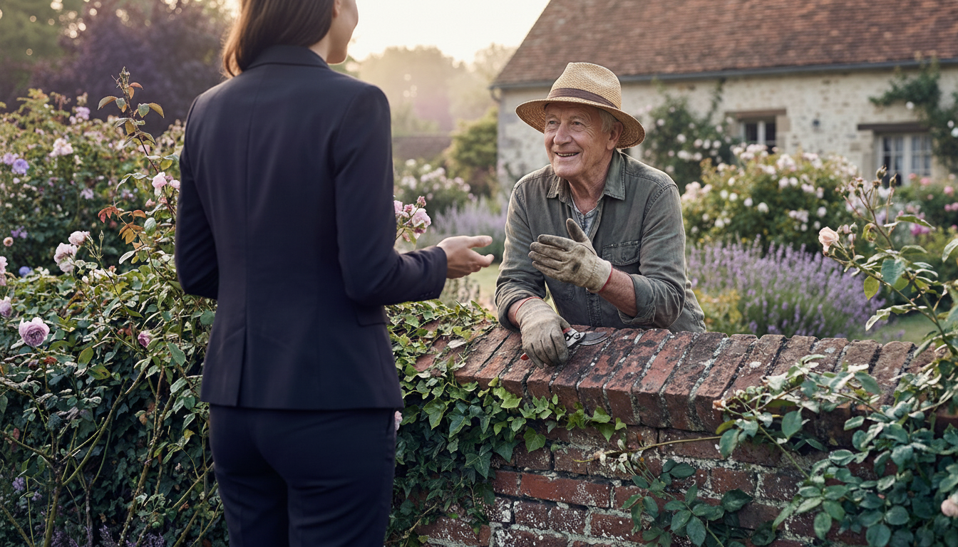 Gros plan sur deux personnes discutant par-dessus une clôture de jardin typique de la campagne franç