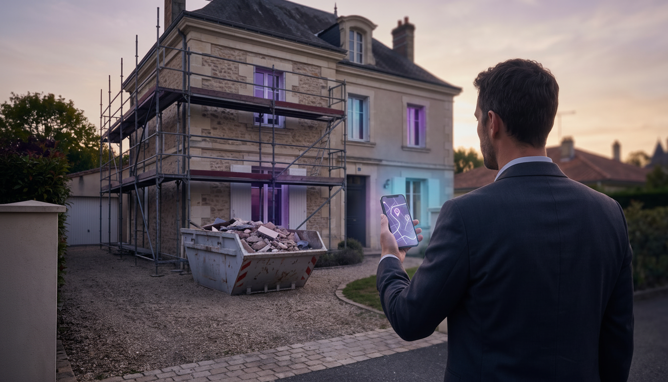 Conseiller immobilier de dos, observant une maison de banlieue française avec un échafaudage et une 