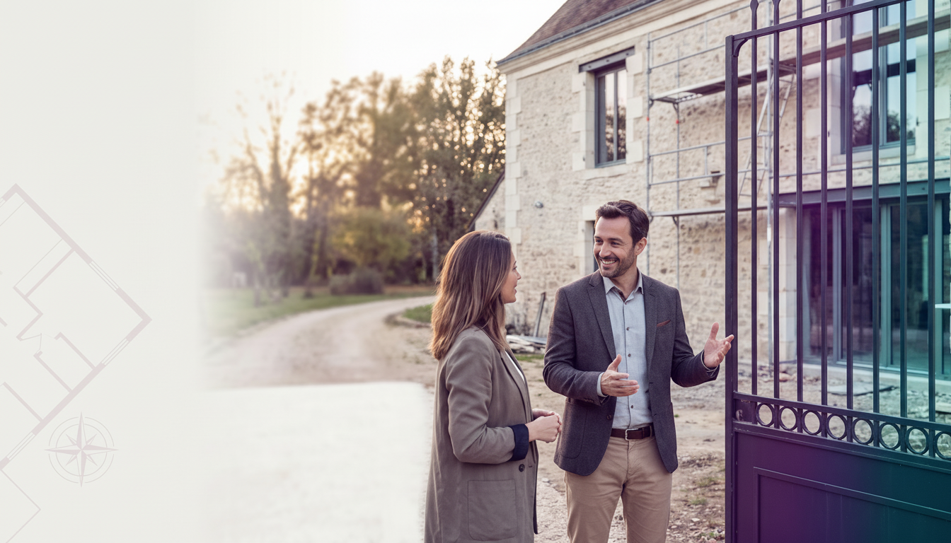 Conseiller immobilier souriant en tenue professionnelle décontractée, discutant amicalement avec un 