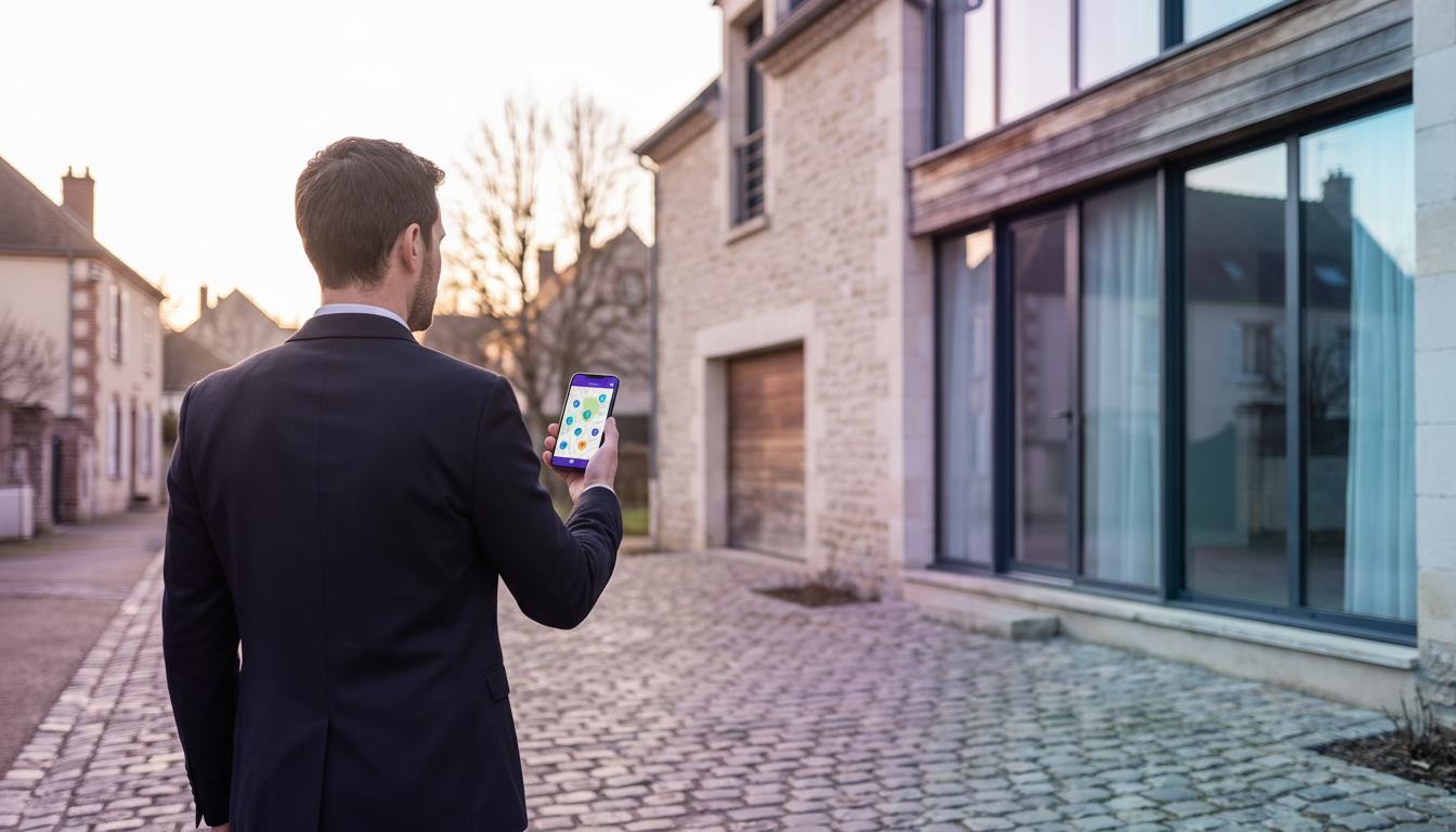 Conseiller immobilier professionnel de dos, regardant une maison inoccupée tout en tenant un smartph