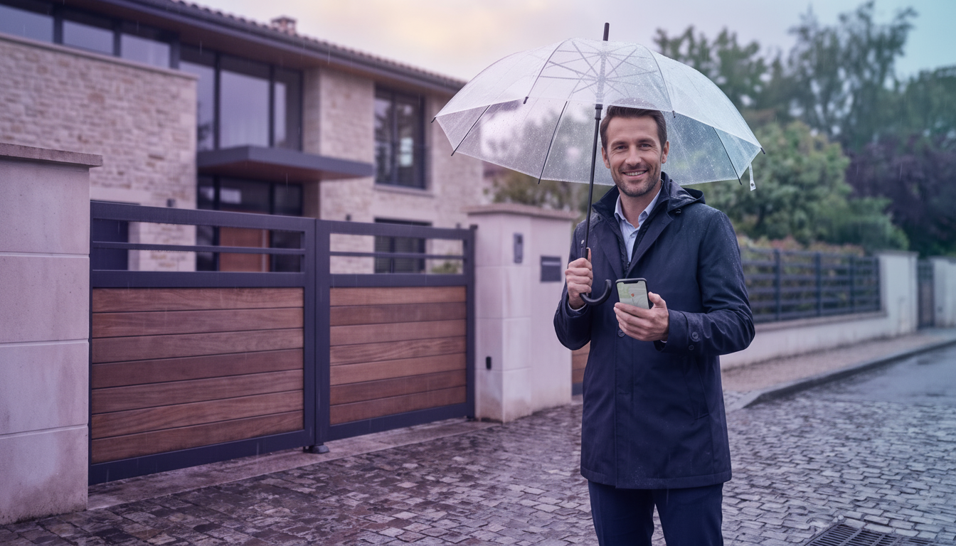 Conseiller immobilier en tenue professionnelle adaptée à la pluie, debout devant un portail de maiso