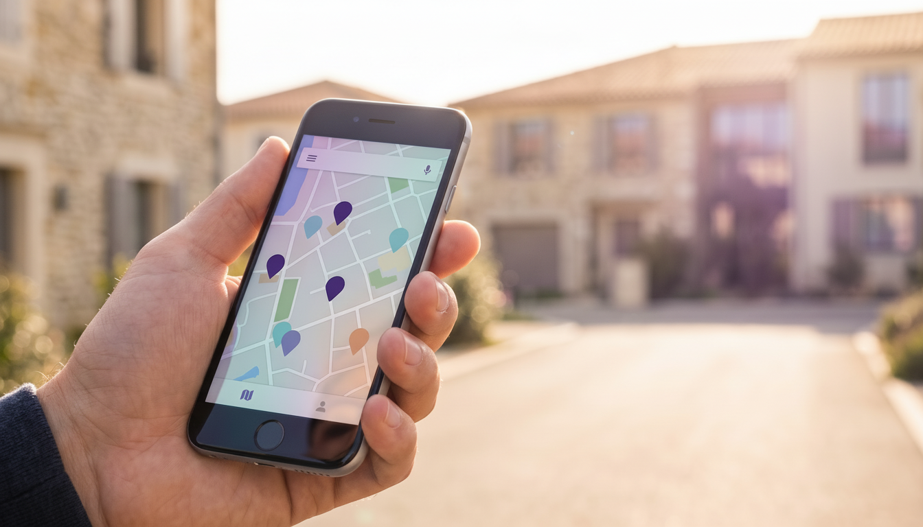 Écran de smartphone affichant une interface de carte interactive avec des marqueurs colorés, tenu pa
