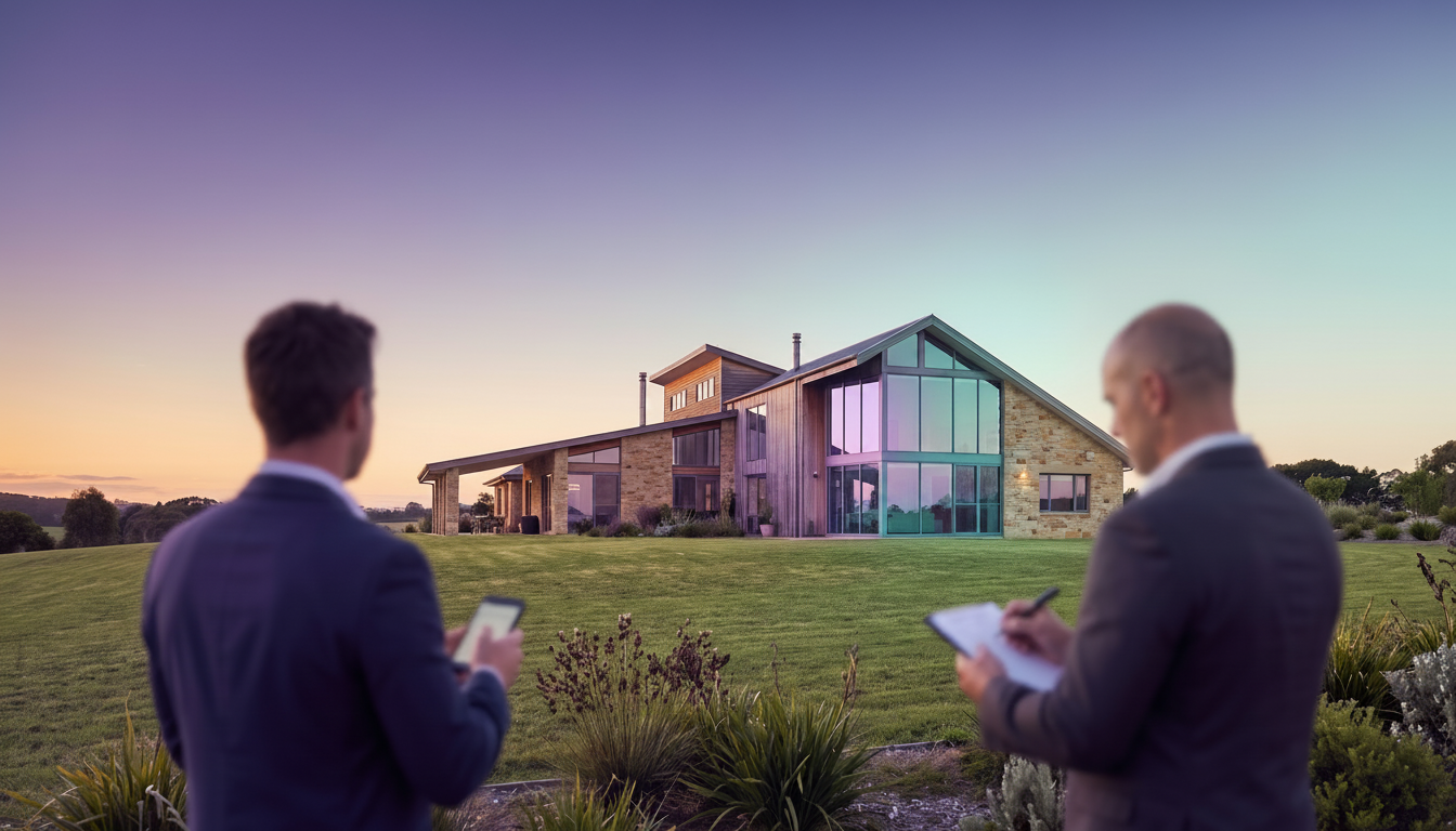 Conseiller immobilier observant attentivement une grande maison asymétrique située sur un vaste terr
