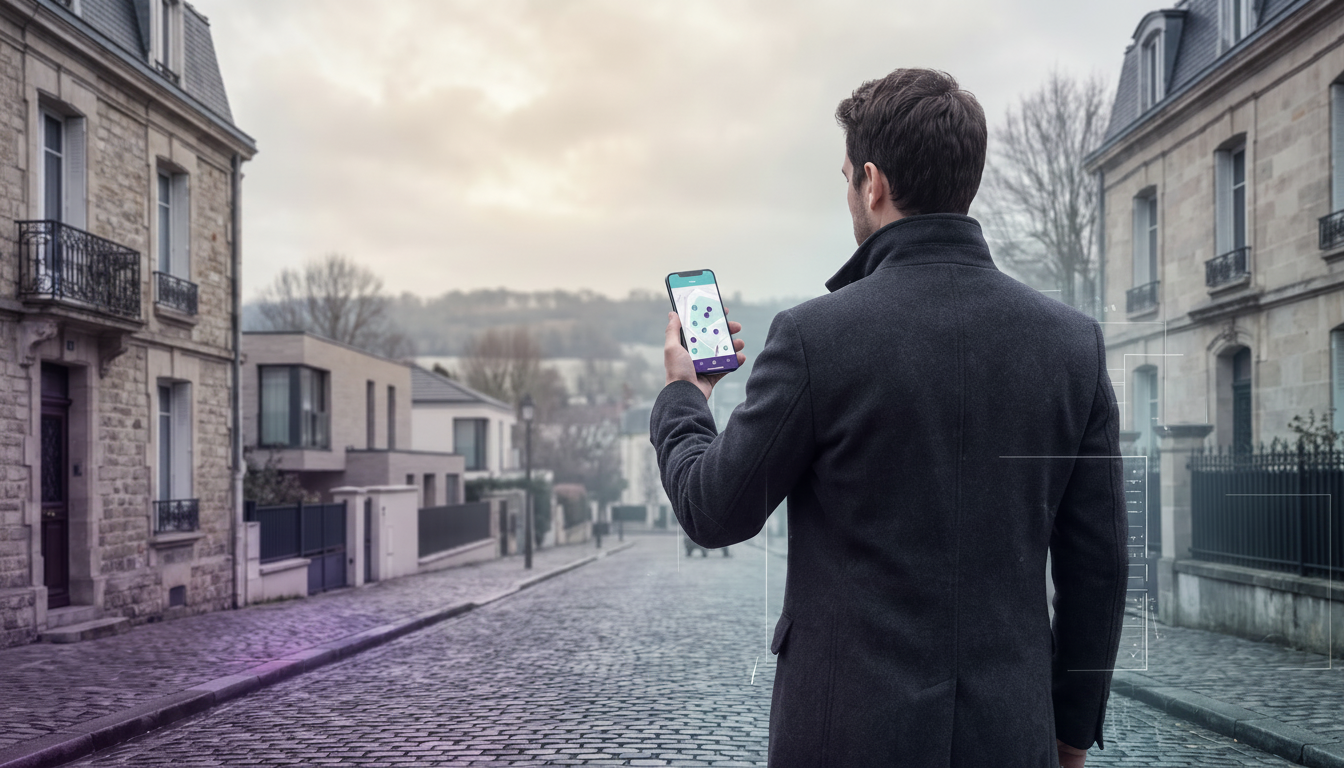 Conseiller immobilier de dos en manteau d'hiver élégant, regardant l'application ProspeMap sur son s