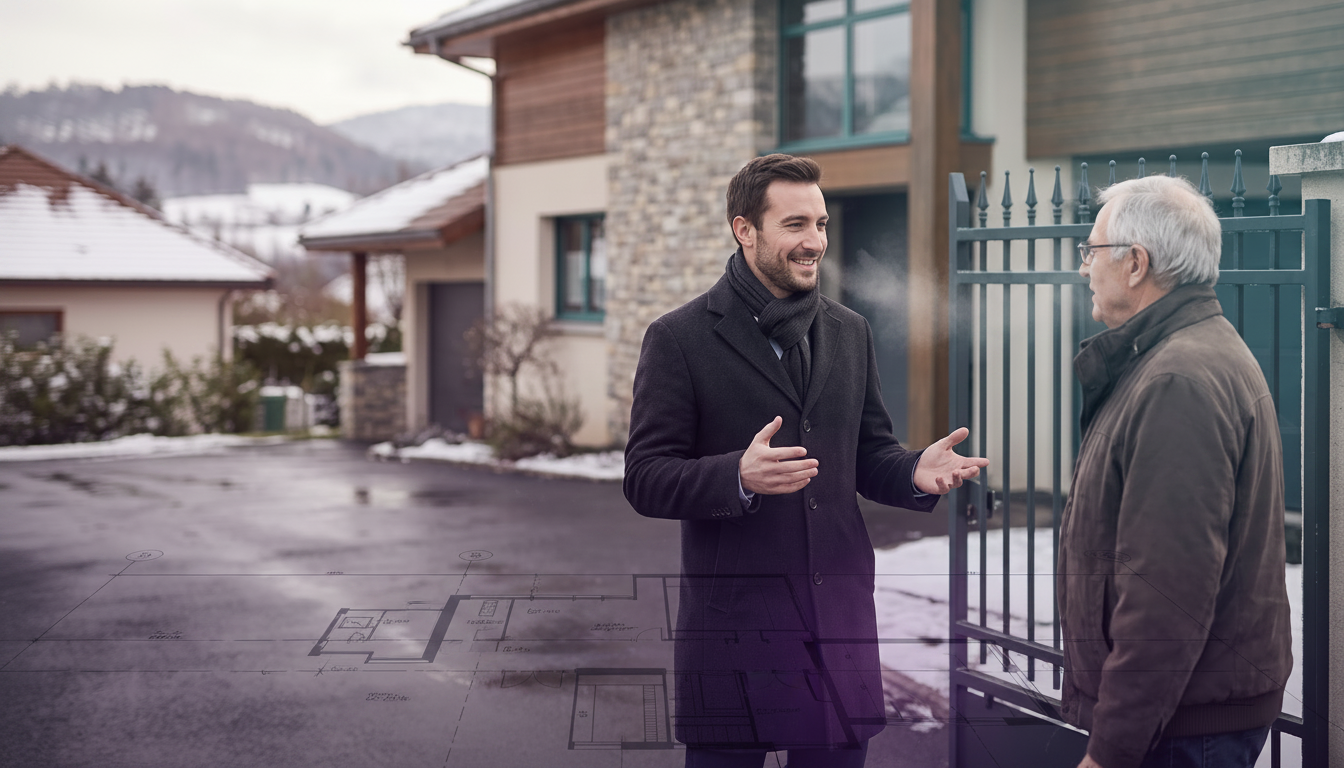 Conseiller immobilier souriant en tenue chaude d'hiver, discutant au portail d'une maison avec un pr