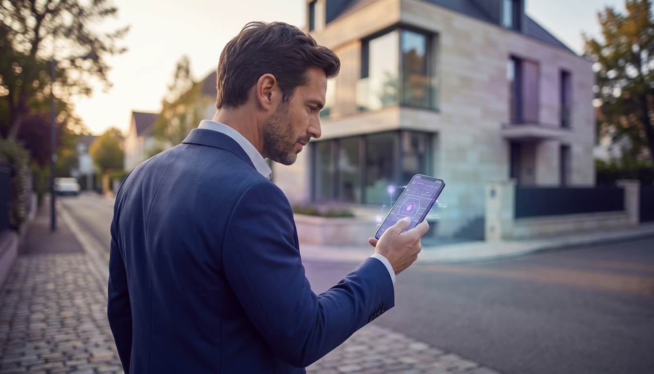 Conseiller immobilier bien habillé debout sur le trottoir d'un quartier pavillonnaire calme, consult