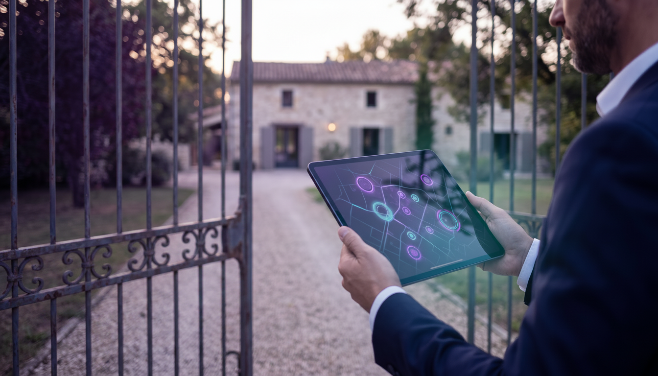 Vue par-dessus l'épaule d'un conseiller immobilier tenant une tablette affichant une carte interacti
