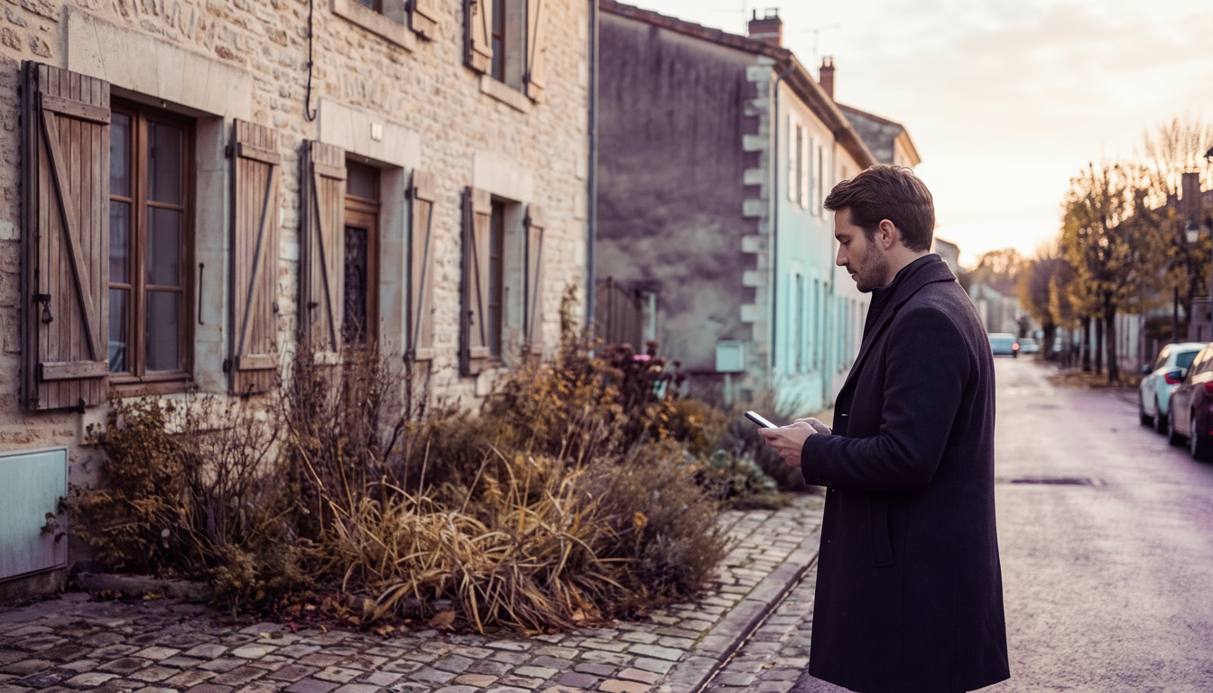 Conseiller immobilier observant discrètement depuis la rue une maison pavillonnaire aux volets clos