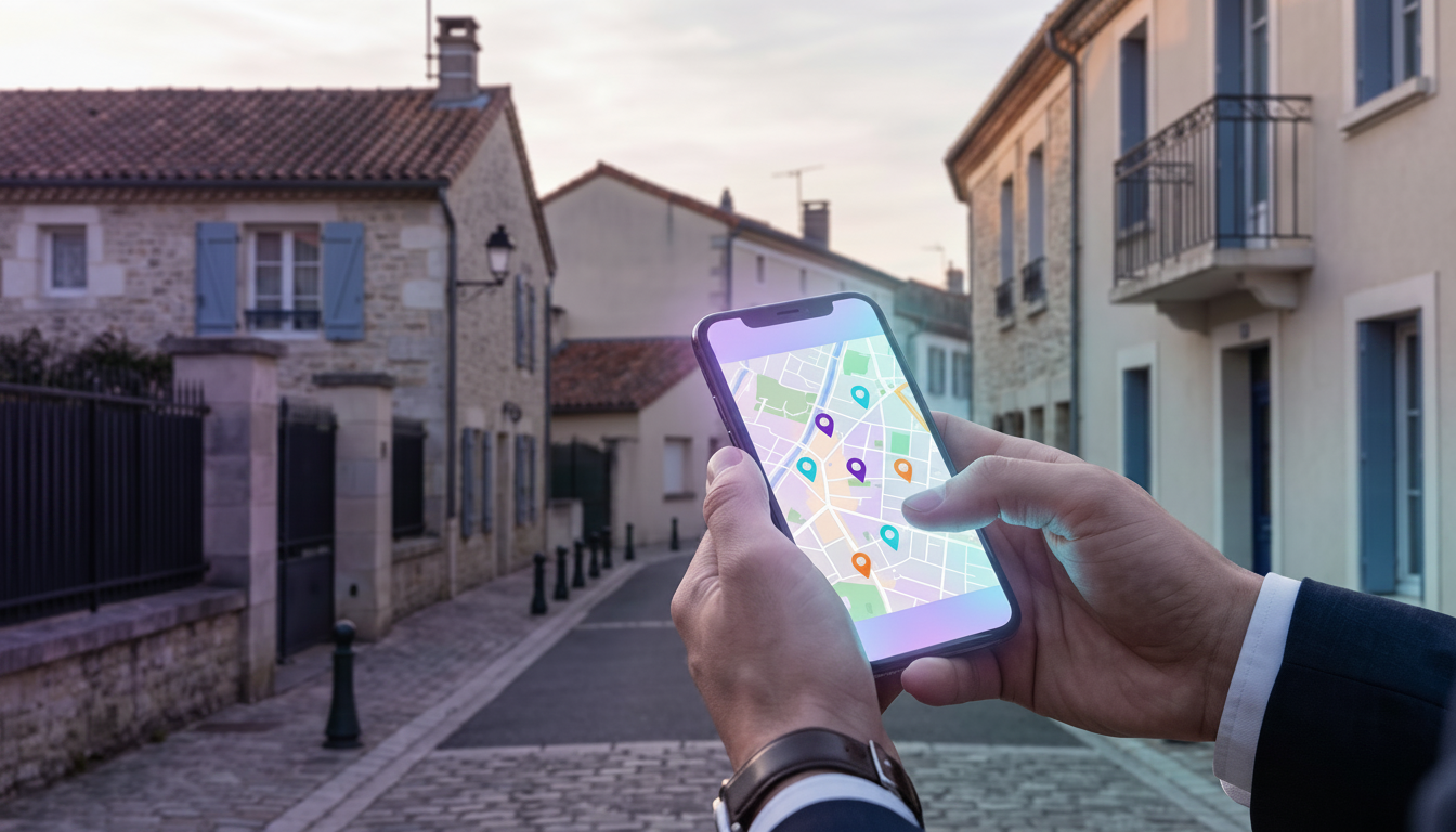 Vue rapprochée sur les mains d'un professionnel de l'immobilier tenant un smartphone affichant une c