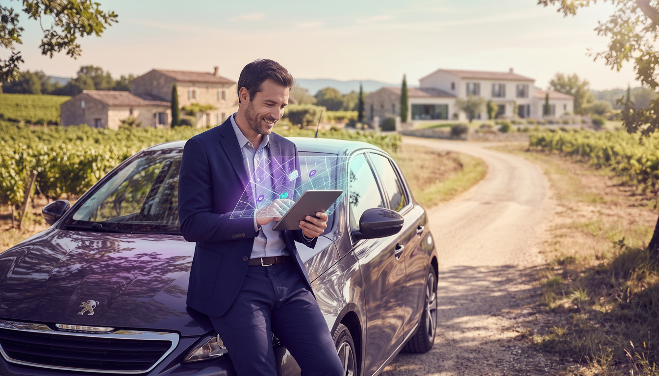 Un conseiller immobilier en tenue professionnelle décontractée, appuyé sur le capot de sa voiture ga