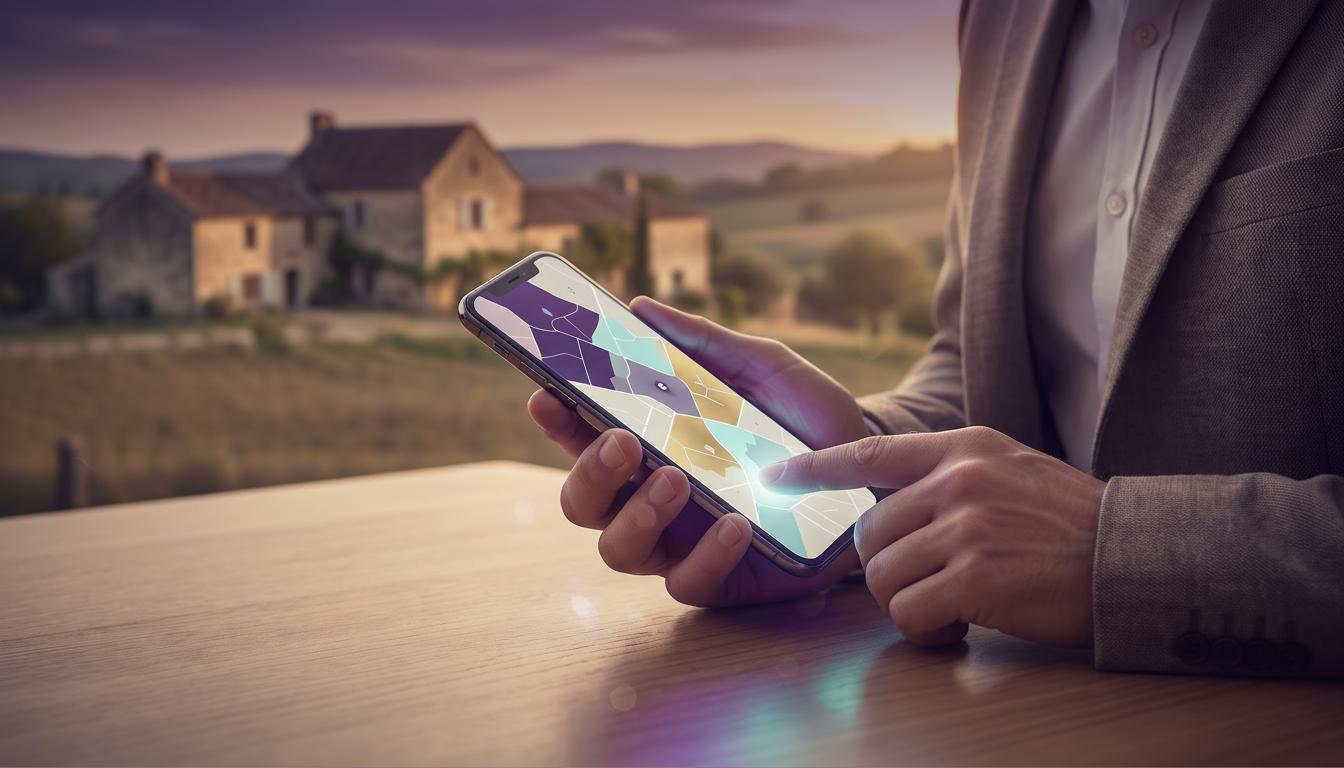 Vue rapprochée des mains d'un conseiller immobilier tenant un smartphone affichant une carte interac
