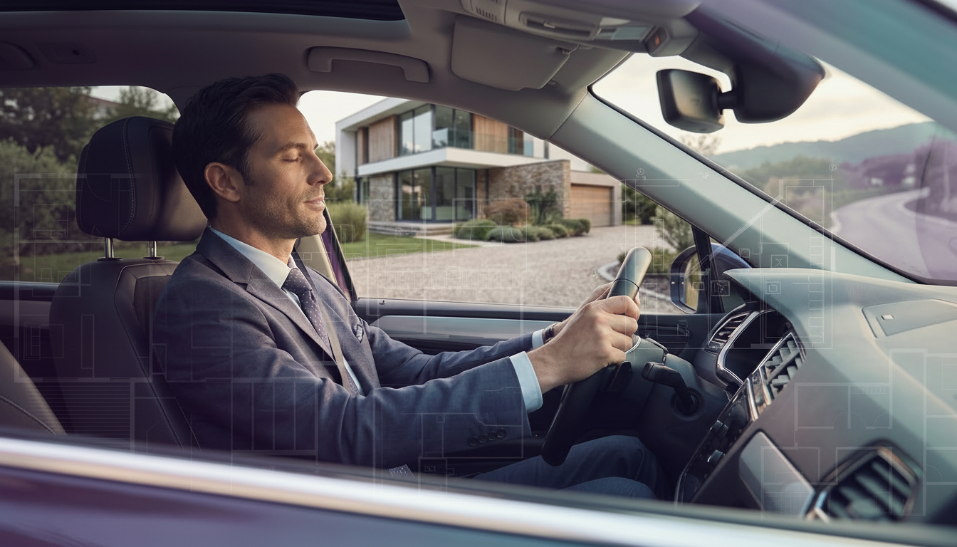 Conseiller immobilier serein et professionnel, habillé avec élégance, assis dans sa voiture devant u