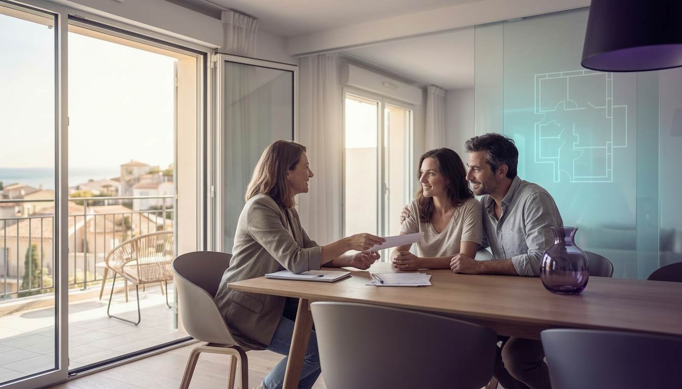 Conseillère en immobilier bienveillante et détendue, assise à la table de salle à manger d'un appart