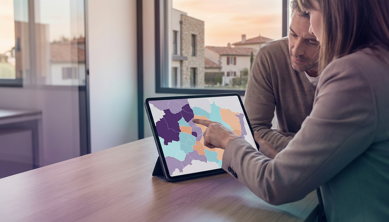 Vue par-dessus l'épaule d'un conseiller immobilier montrant une tablette avec une carte interactive 