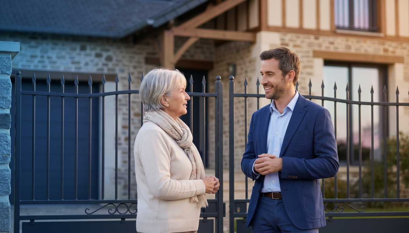 Conseiller immobilier souriant en tenue professionnelle décontractée discutant avec un propriétaire 